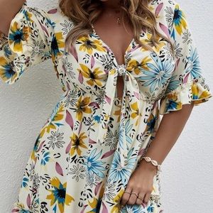Plus Floral Tie Front Flounce Sleeve Ruffle Hem Dress